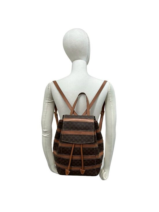 Celine Vintage Macadam Blason Triomphe Pattern Leather Drawstring Backpack Brown main image 9